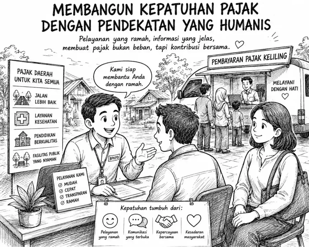 Ilustrasi karikatur tentang pelayanan pajak daerah yang humanis untuk membangun kepatuhan masyarakat melalui pendekatan yang ramah dan mudah dipahami.