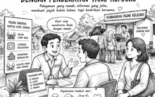 Ilustrasi karikatur tentang pelayanan pajak daerah yang humanis untuk membangun kepatuhan masyarakat melalui pendekatan yang ramah dan mudah dipahami.