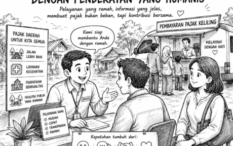 Ilustrasi karikatur tentang pelayanan pajak daerah yang humanis untuk membangun kepatuhan masyarakat melalui pendekatan yang ramah dan mudah dipahami.