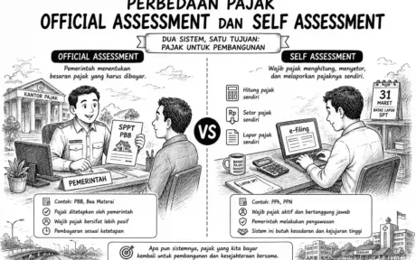 Ilustrasi karikatur hitam putih tentang perbedaan sistem pajak official assessment dan self assessment dalam pelayanan perpajakan di Indonesia.