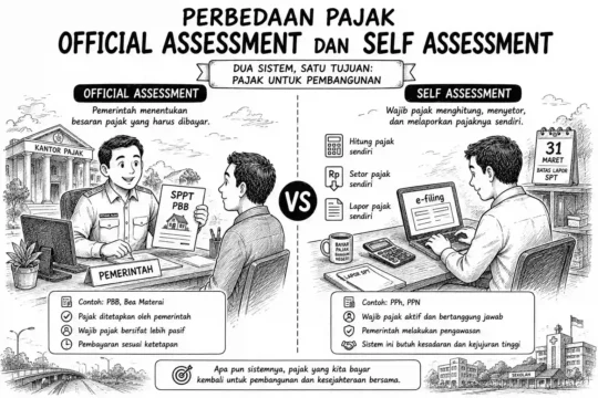 Ilustrasi karikatur hitam putih tentang perbedaan sistem pajak official assessment dan self assessment dalam pelayanan perpajakan di Indonesia.
