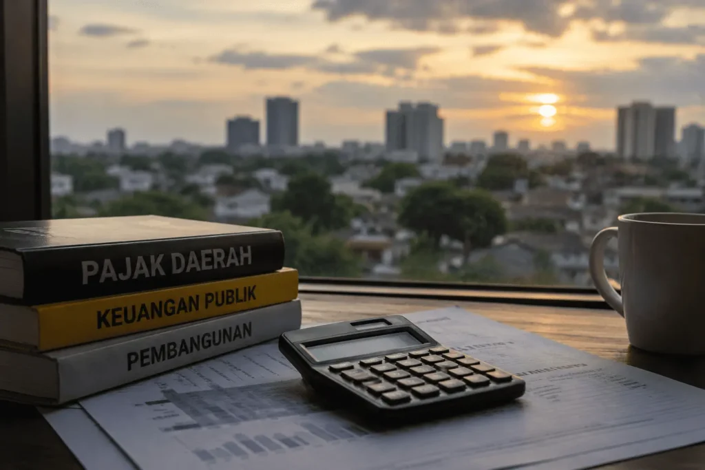 Suasana meja kerja dengan dokumen pajak daerah dan latar kota saat senja sebagai ilustrasi tantangan pemerintahan lokal dan pembangunan daerah masa kini.