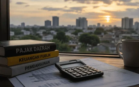 Suasana meja kerja dengan dokumen pajak daerah dan latar kota saat senja sebagai ilustrasi tantangan pemerintahan lokal dan pembangunan daerah masa kini.